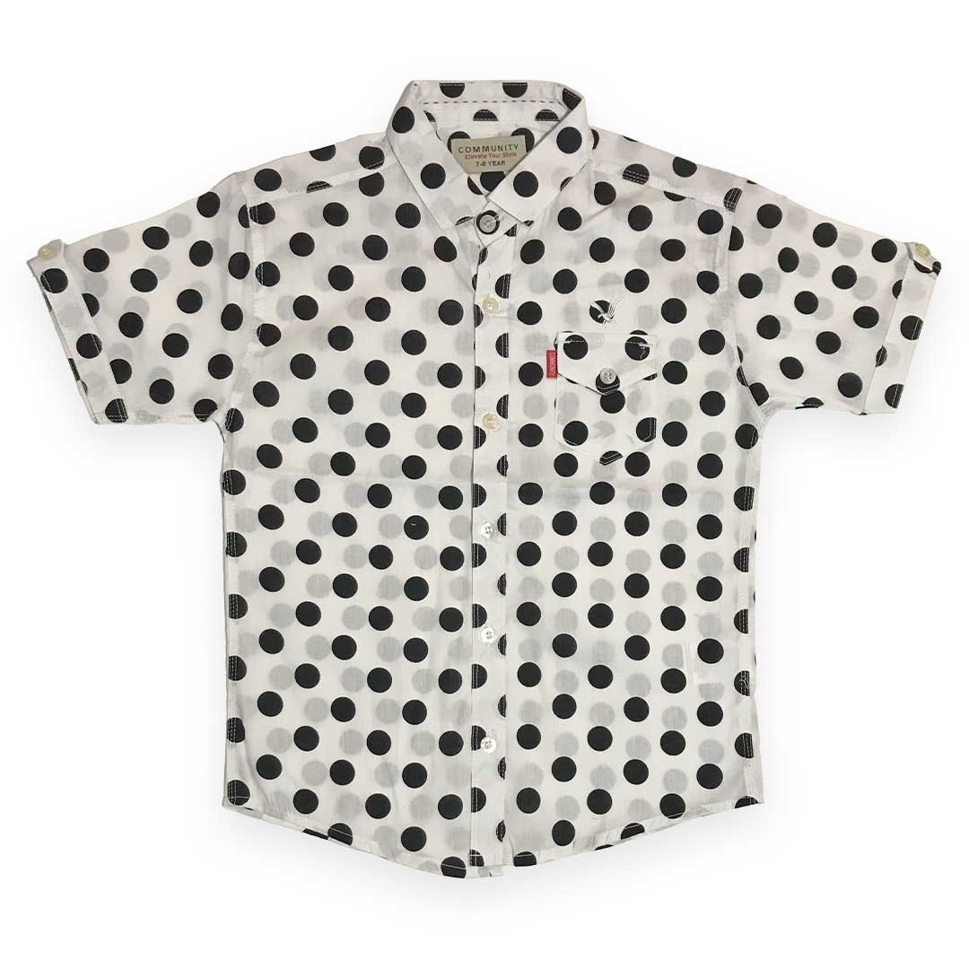 White Cotton Half Sleeve Shirt – Diagonal Big Black Polka Dot Print