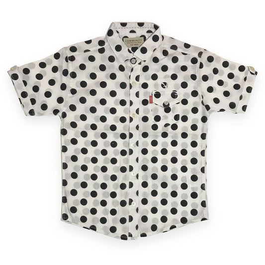 White Cotton Half Sleeve Shirt – Diagonal Big Black Polka Dot Print