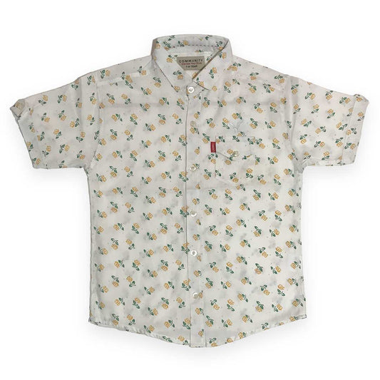 White Cotton Half Sleeve Shirt – Yellow Green Floral Print